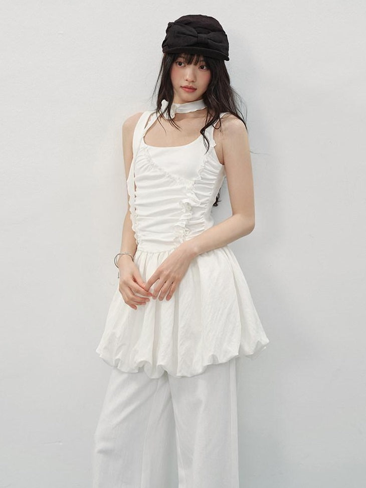 DDGIRL studio Soft Stretch Cotton Sweet Ruffle A Line Sleeveless U Neck Mid Waist Mini Dresses