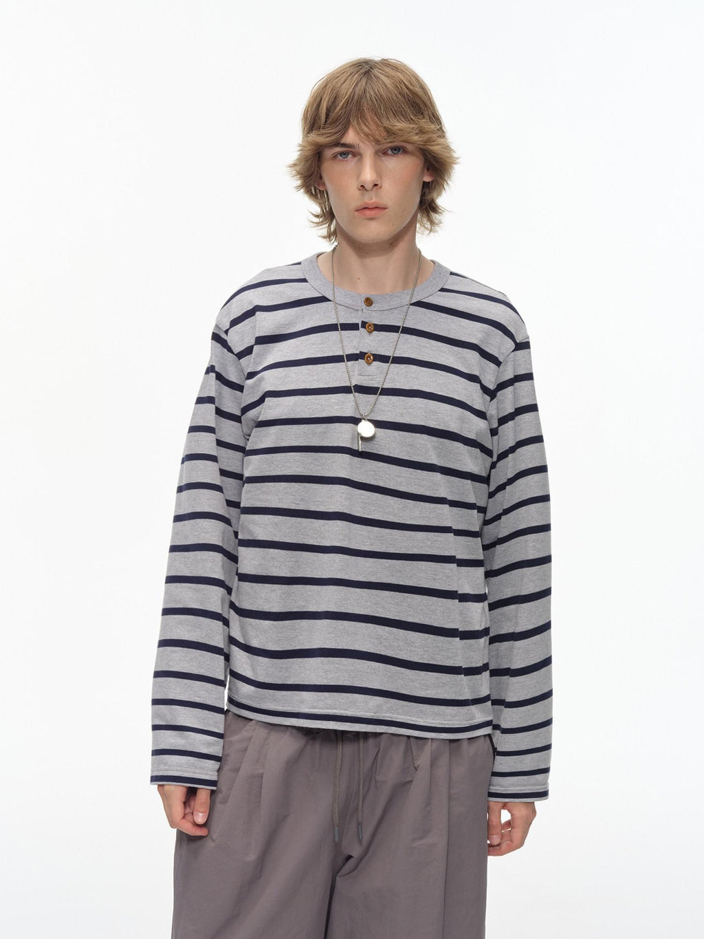 Country Moment Breathable Cotton Loose Fit Henley Striped Unisex Long Sleeve T-Shirts