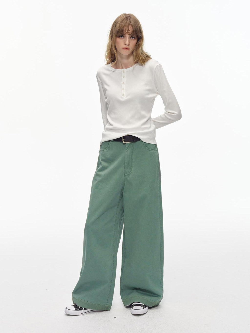 Country Moment Washed 100% Cotton Loose Straight Zipper Fly Youth Everyday Green Wide Leg Pants
