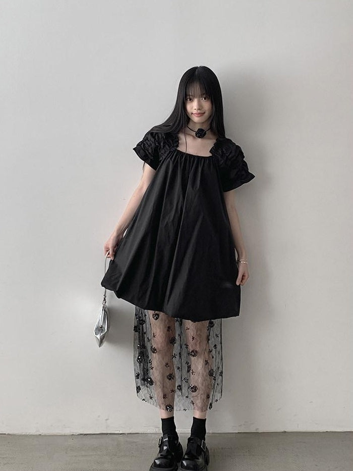 DDGIRL studio 100% Cotton Pullover Bardot Neck A Line Lantern Skirt Workwear Midi Dresses