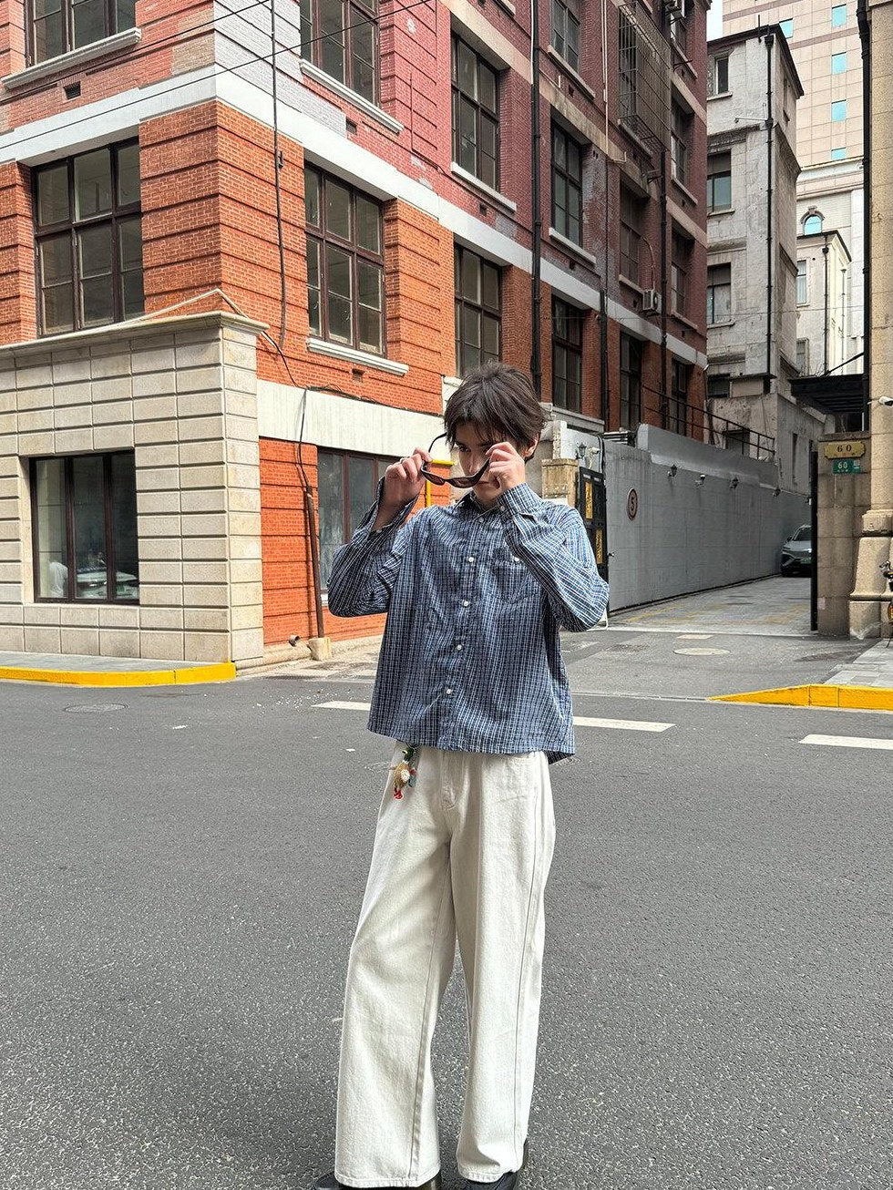 Country Moment 100% Cotton American Loose Square Neck Blue Plaid Teen Casual Long Sleeve Shirts