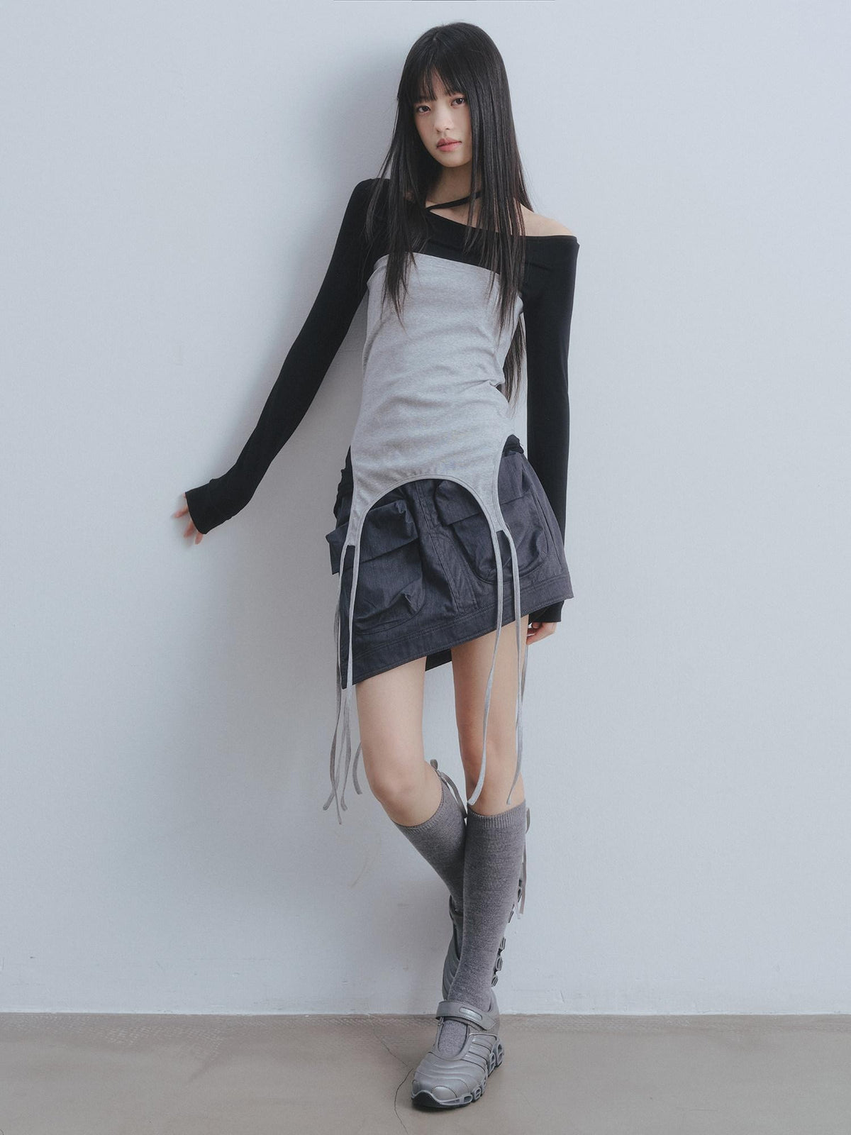 DDGIRL studio Soft 100 Percent Cotton High Waist Cargo Office Women Dark Gray Mini Skirts