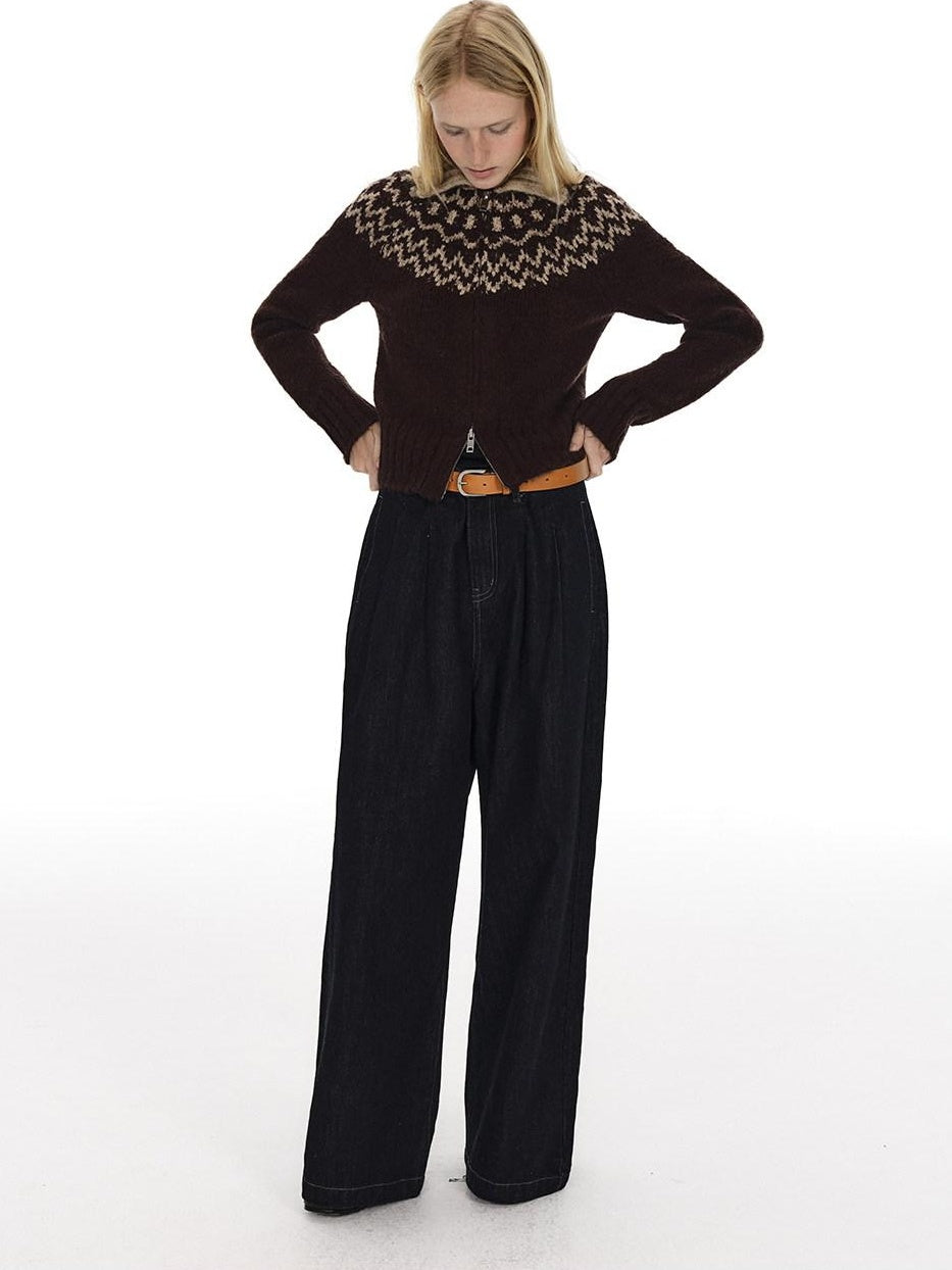 Country Moment Soft Wool Blend Thermal Slim Jacquard Zip Front Unisex Brown Cardigans