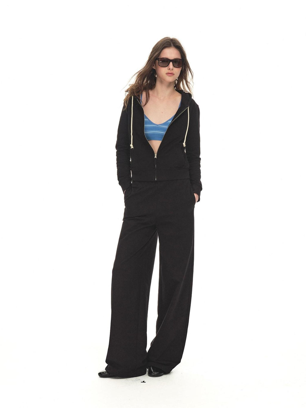 100% Cotton Durable Loose Mid Rise Drawstring Black Straight Leg Sweatpants