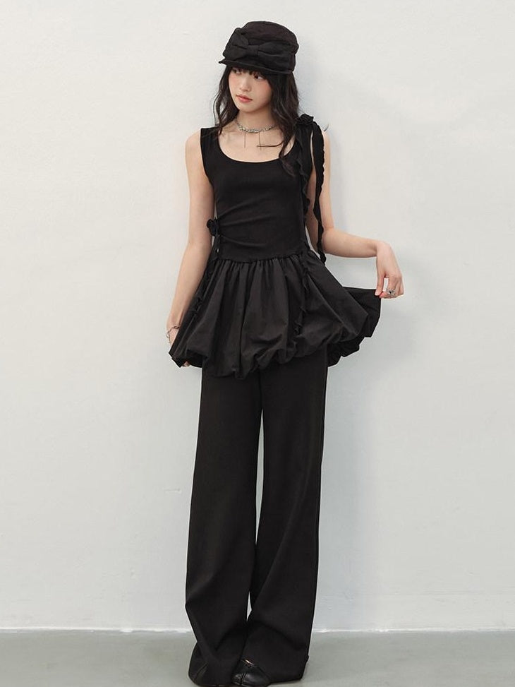 DDGIRL studio Soft Cotton Ruffle Aline Slim Cute Date Sleeveless U Neck Black Mini Dresses