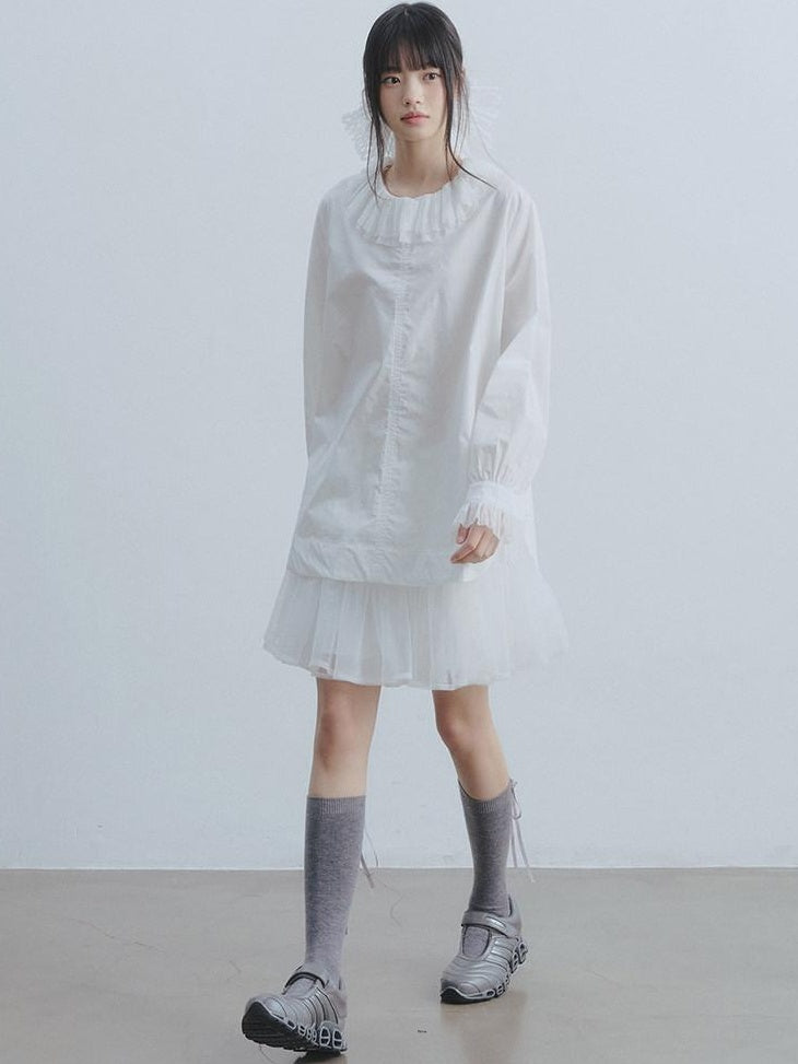 DDGIRL studio Breathable Cotton Lace Doll Collar Petal Sleeve Long Loose Commuter White Shirts