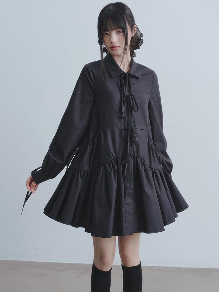 DDGIRL studio Soft High Waist Tie A Line Shirt Dress Office Black Cotton Midi Dresses