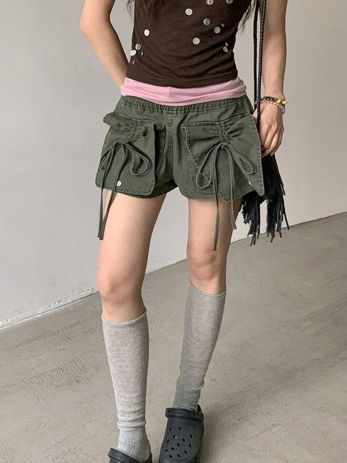 DDGIRL studio High Waist Faded 96 Percent Cotton Wide Leg Loose Fit Army Green Denim Shorts