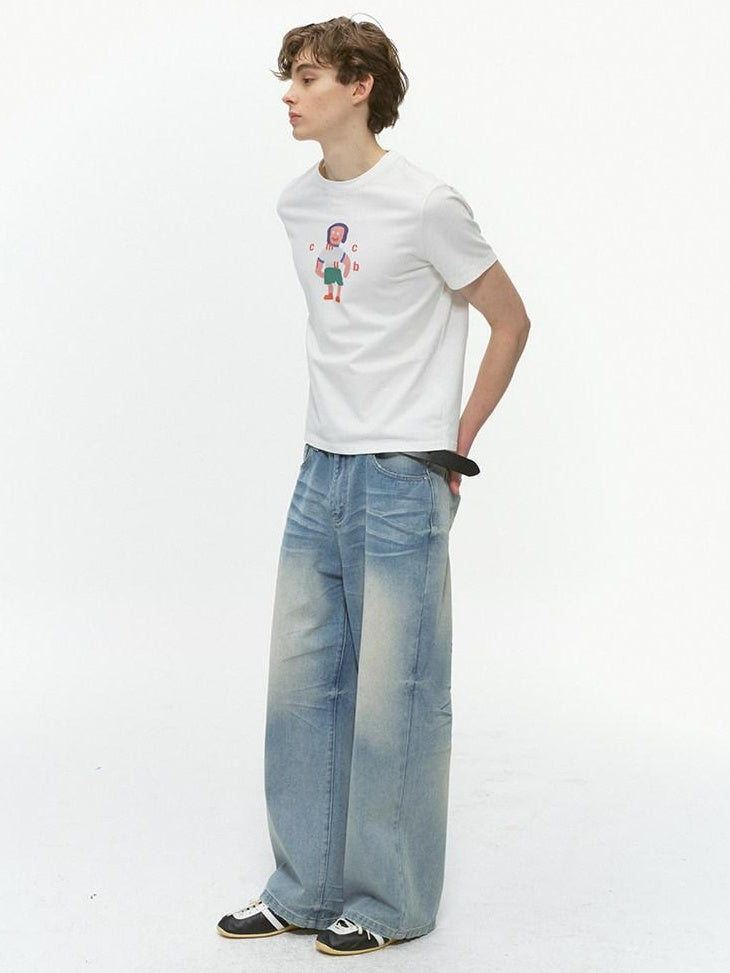 Country Moment Durable Vintage Icy Blue Gradient Mid Rise Whisker Loose Denim Wide Leg Jeans