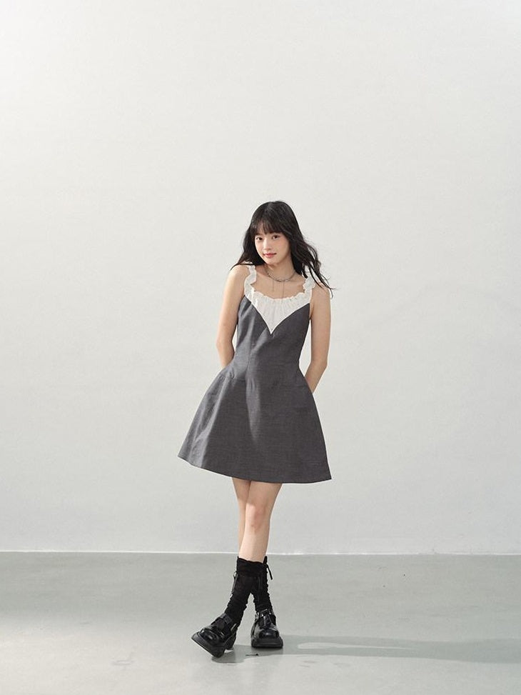 DDGIRL studio Shape Retaining Ruffle Neck High Waist Strappy A Line Office Gray Mini Dresses