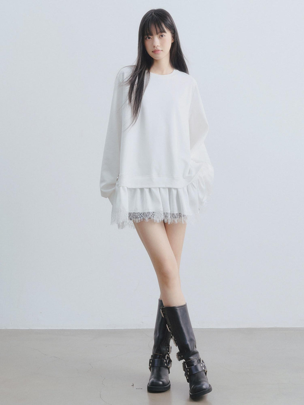 DDGIRL studio Soft Patchwork Loose Sweatshirt Girly Oversized Long Sleeve White Mini Dresses