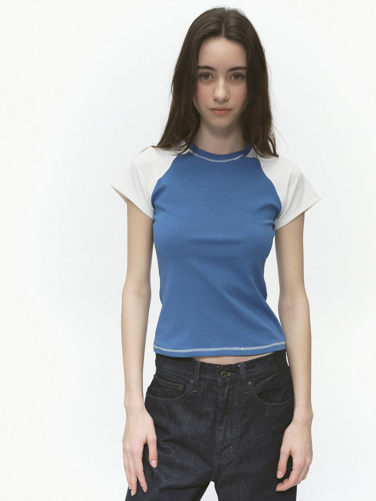 Country Moment Stretch Cotton Edgy Slim Fit Raglan Blue White Colorblock Short Sleeve T-Shirts