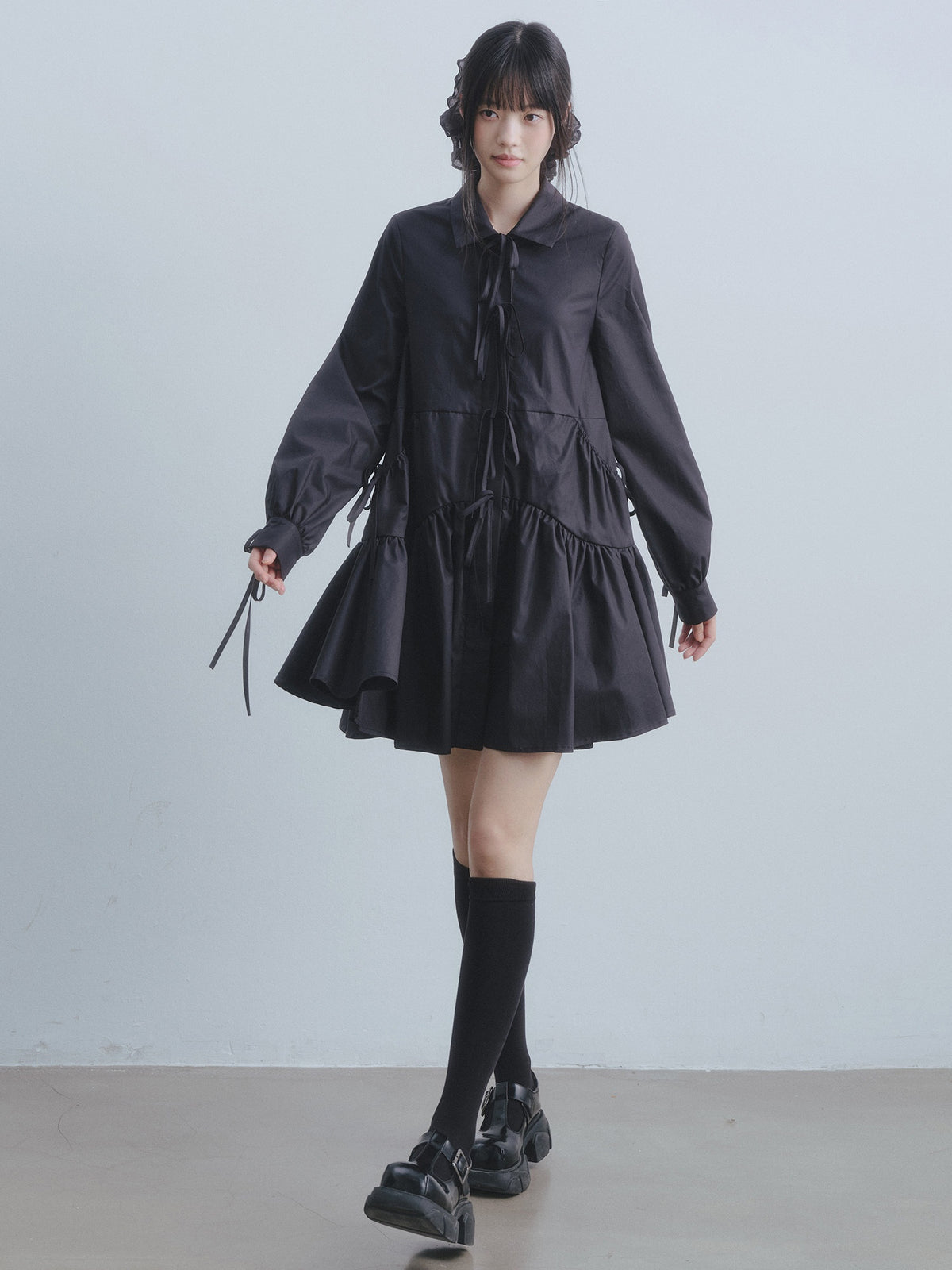 DDGIRL_studio_Soft_High_Waist_Tie_A_Line_Shirt_Dress_Office_Black_Cotton_Midi_Dresses_MISSTT