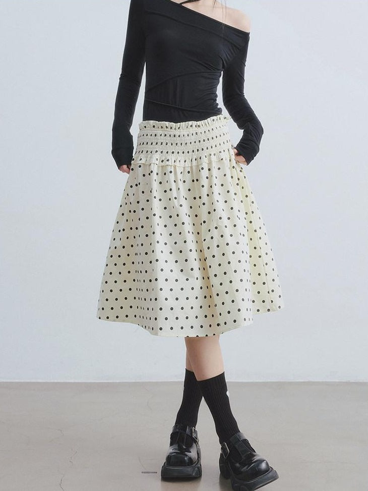 DDGIRL studio Durable Lined Pleated Aline Elastic Waist Women Cotton Beige Midi Skirts