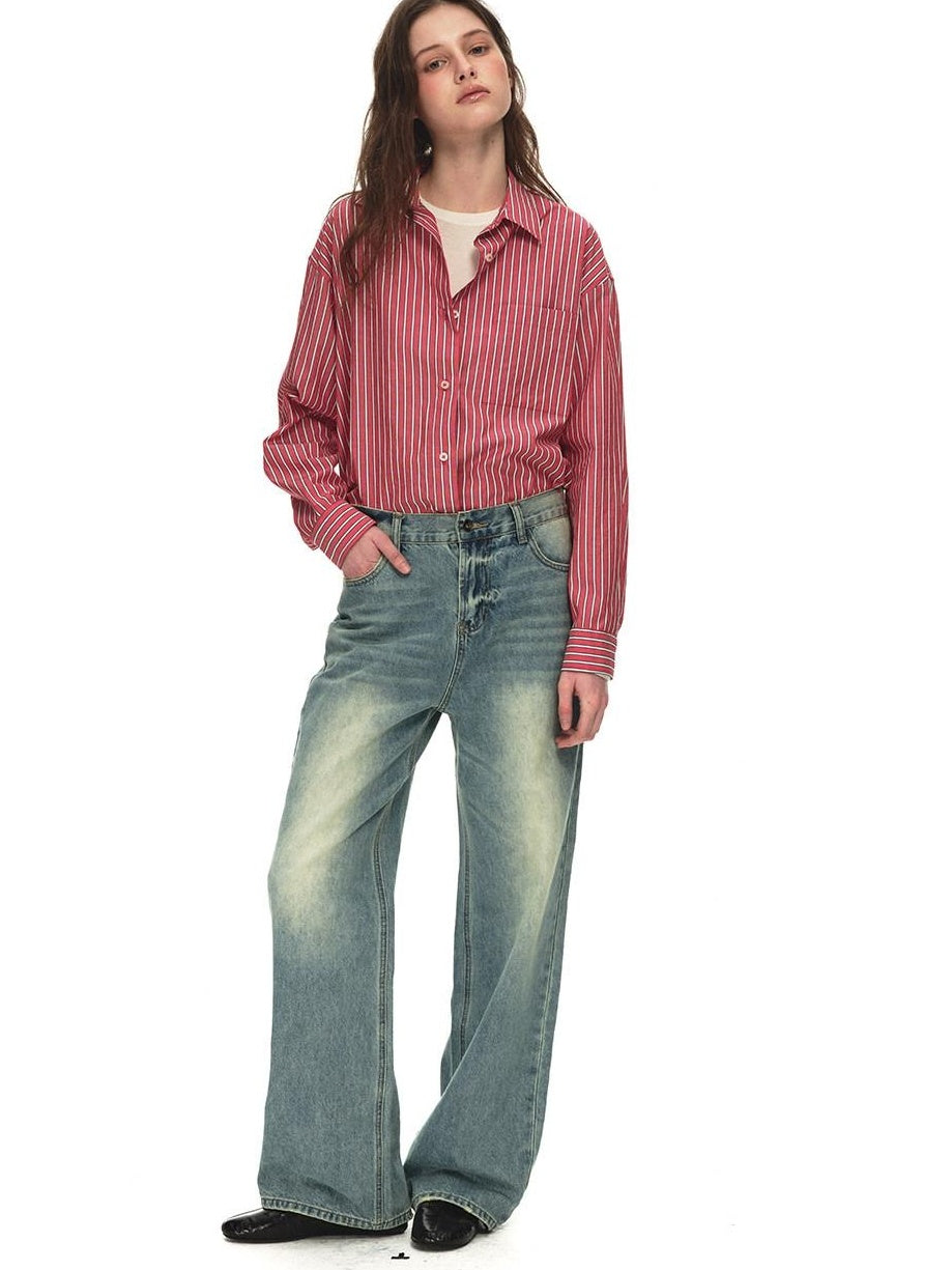 Country Moment Breathable Cotton Blend Gradient Wash Relaxed Mid Rise Unisex Wide Leg Jeans