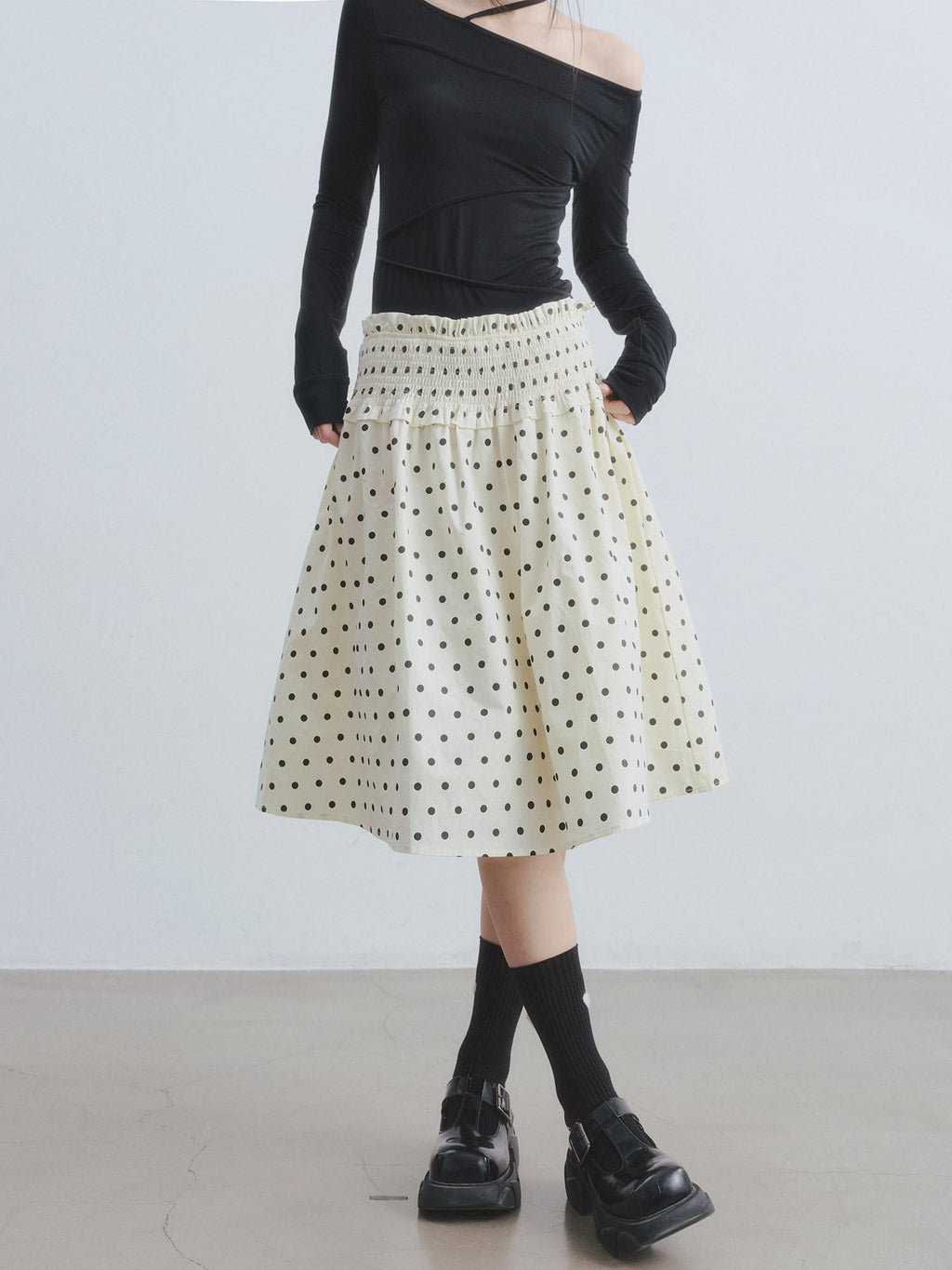 DDGIRL studio Durable Lined Pleated Aline Elastic Waist Women Cotton Beige Midi Skirts