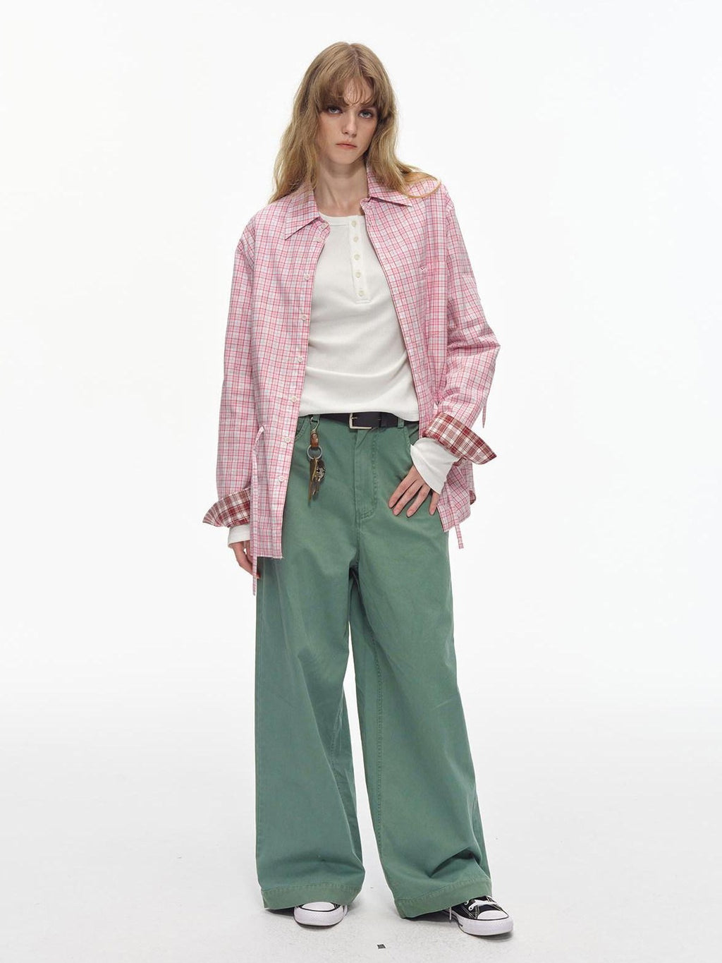 Country Moment Washed 100% Cotton Loose Straight Zipper Fly Youth Everyday Green Wide Leg Pants