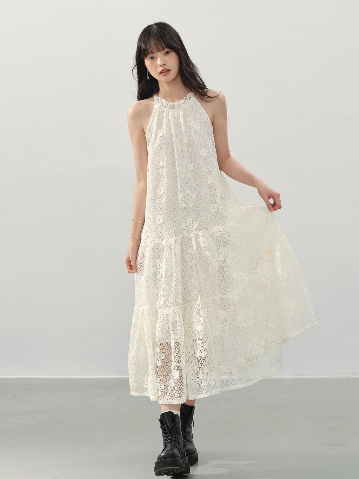 DDGIRL studio Soft Breathable Eyelet A Line Girly Sleeveless Vacation Cream Midi Dresses