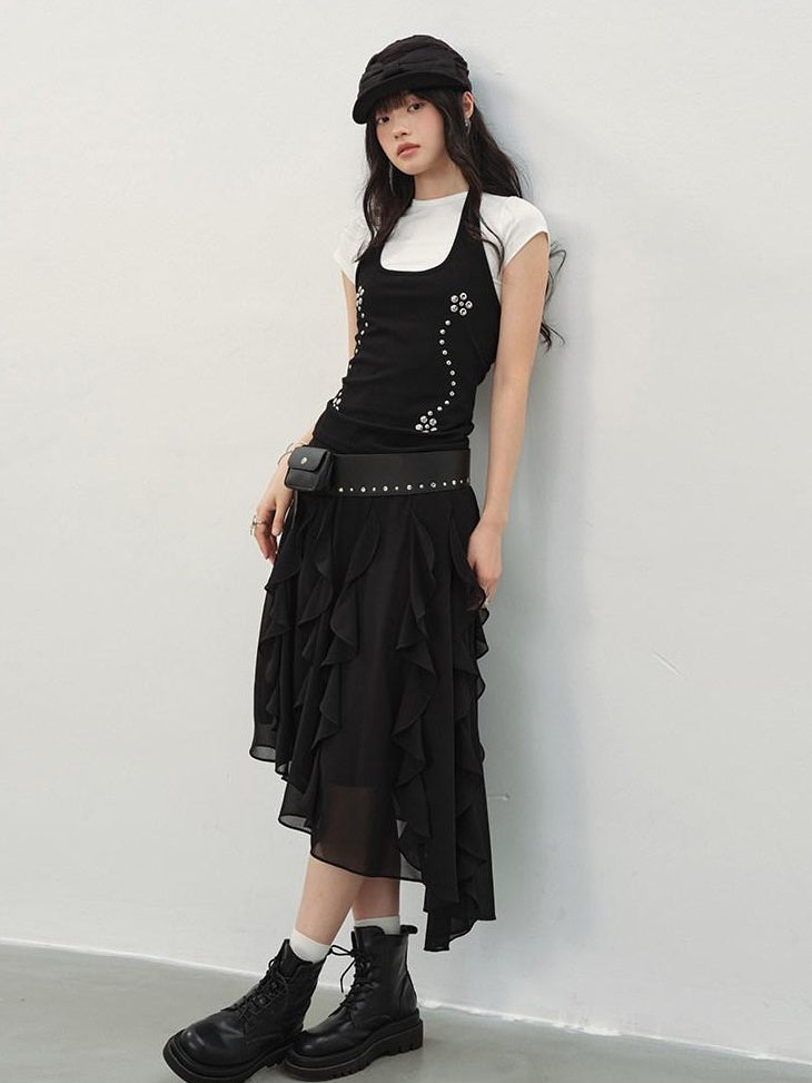 DDGIRL studio Fade Resistant Lined Asymmetrical High Waist Black Irregular Women Midi Skirts