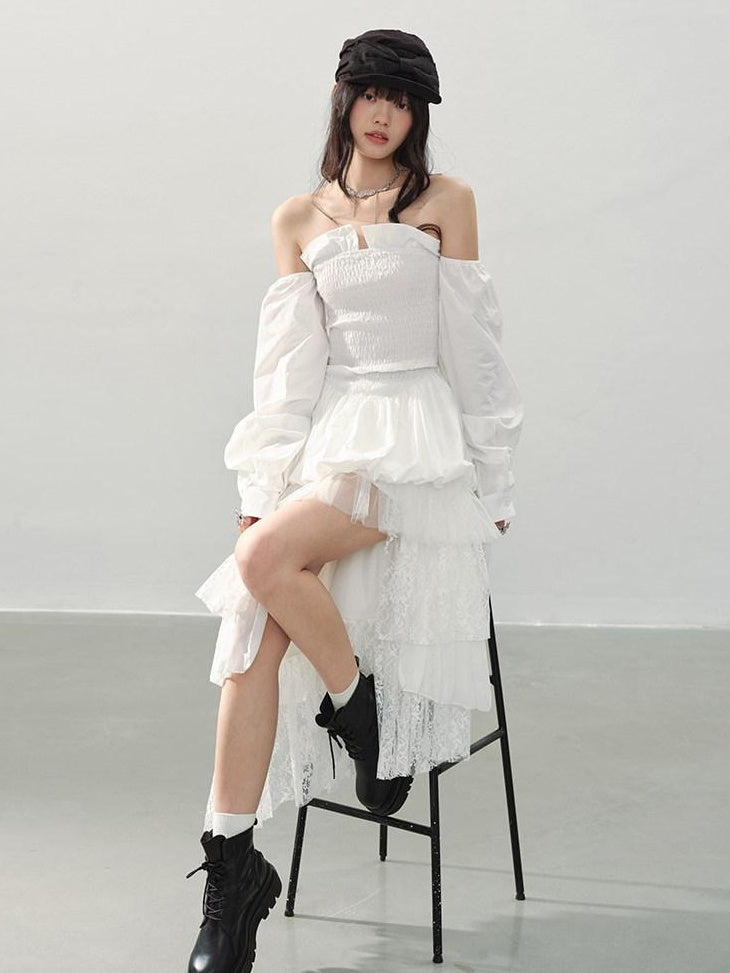 DDGIRL studio Lined Lace Asymmetrical High Waist Front Slit Tiered White Women Midi Skirts