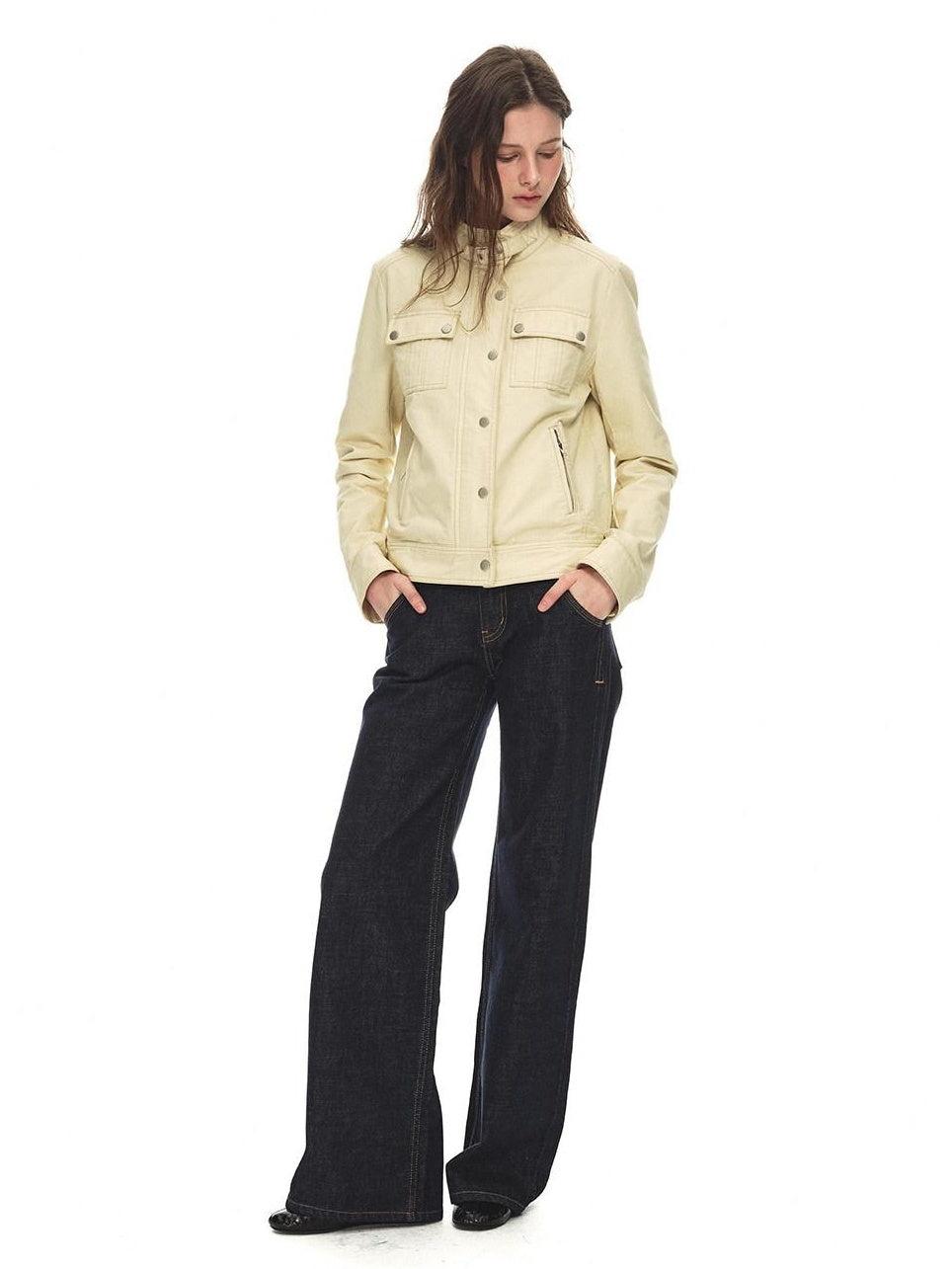Country Moment Durable Cotton Button Loose Fit Vintage Stand Collar Women Cropped Jackets
