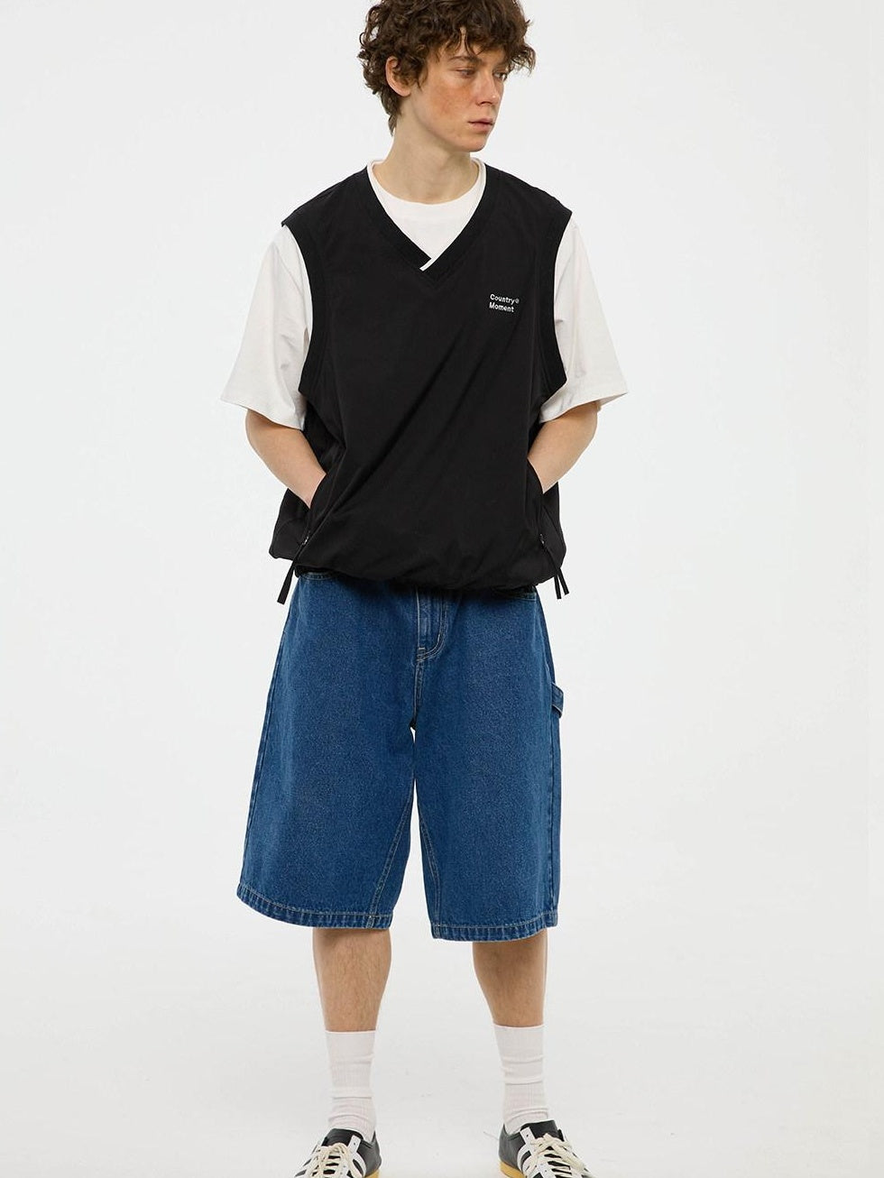 Country Moment Cotton Denim Mid High Waist Loose Straight Casual Zip Fly Mid-Length Shorts
