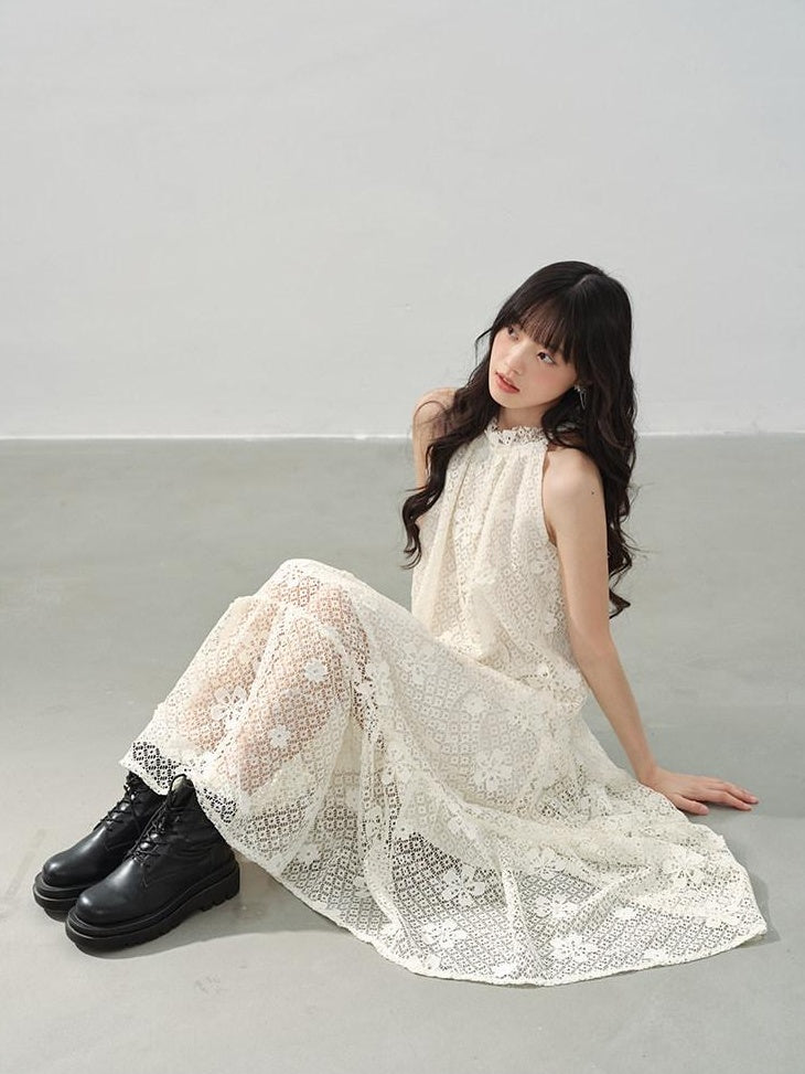 DDGIRL studio Soft Breathable Eyelet A Line Girly Sleeveless Vacation Cream Midi Dresses