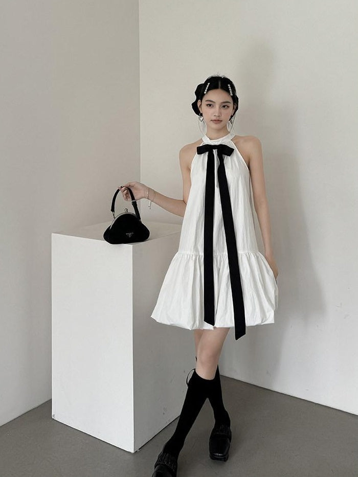 DDGIRL studio Soft Cotton Nylon Bow Sleeveless Aline Office Women Halter Back Zip Midi Dresses