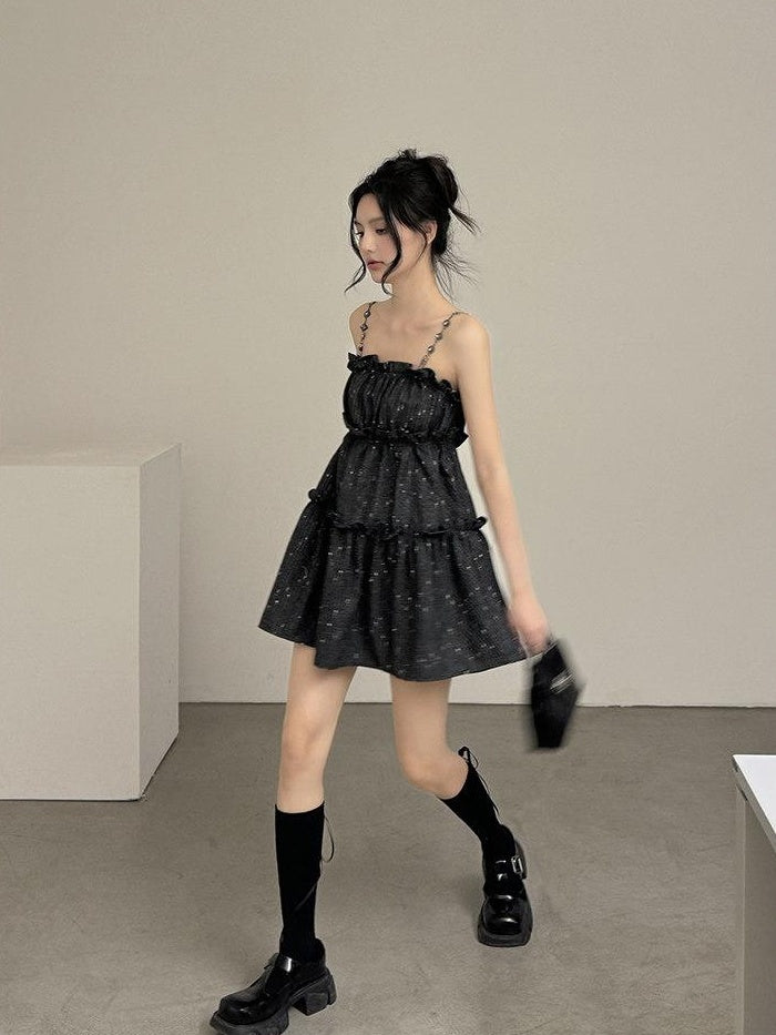 DDGIRL studio Shape Retain Strappy A Line Loose Waist Black Poly Wool Blend Mini Dresses