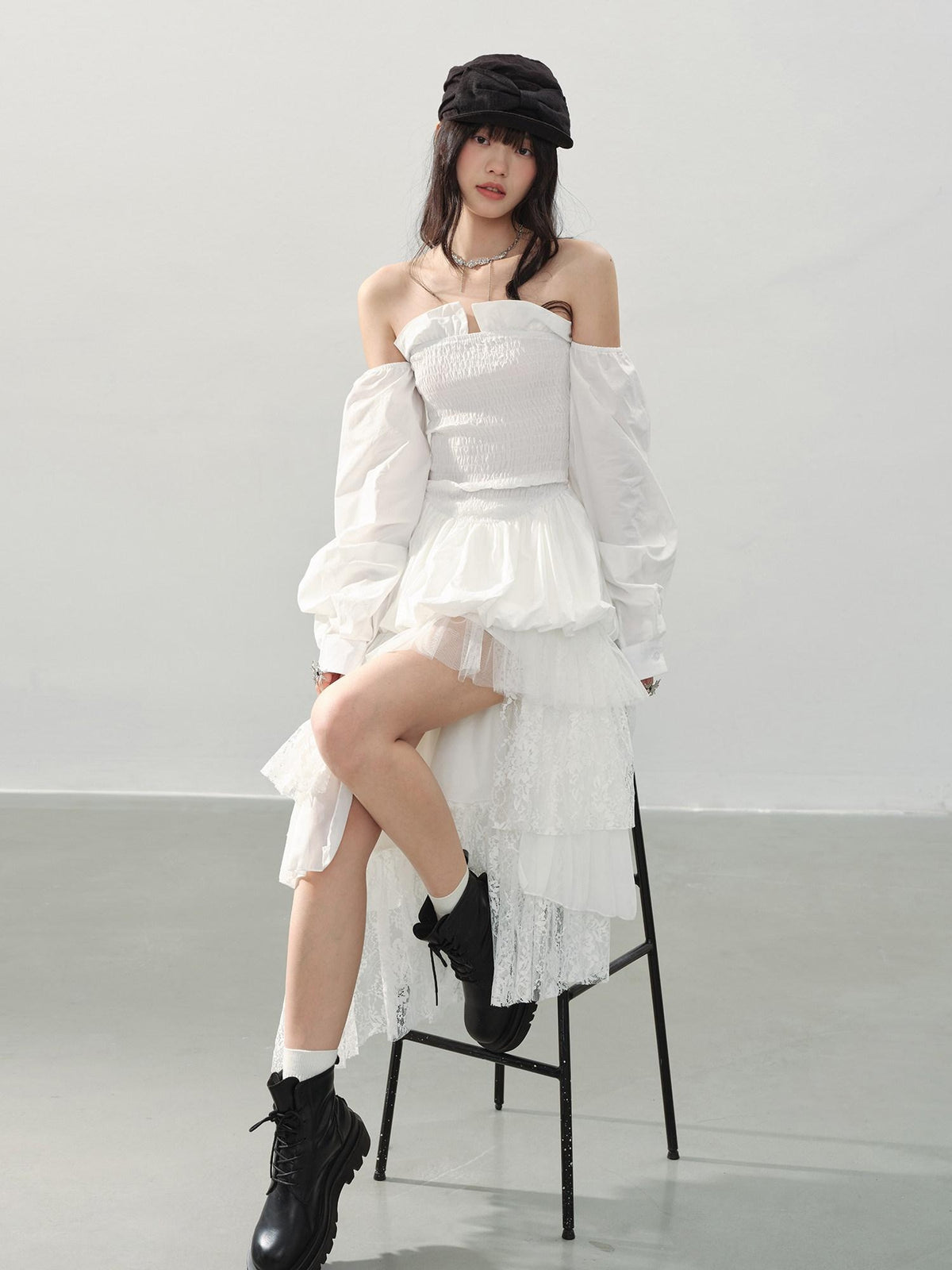 DDGIRL studio Lined Lace Asymmetrical High Waist Front Slit Tiered White Women Midi Skirts