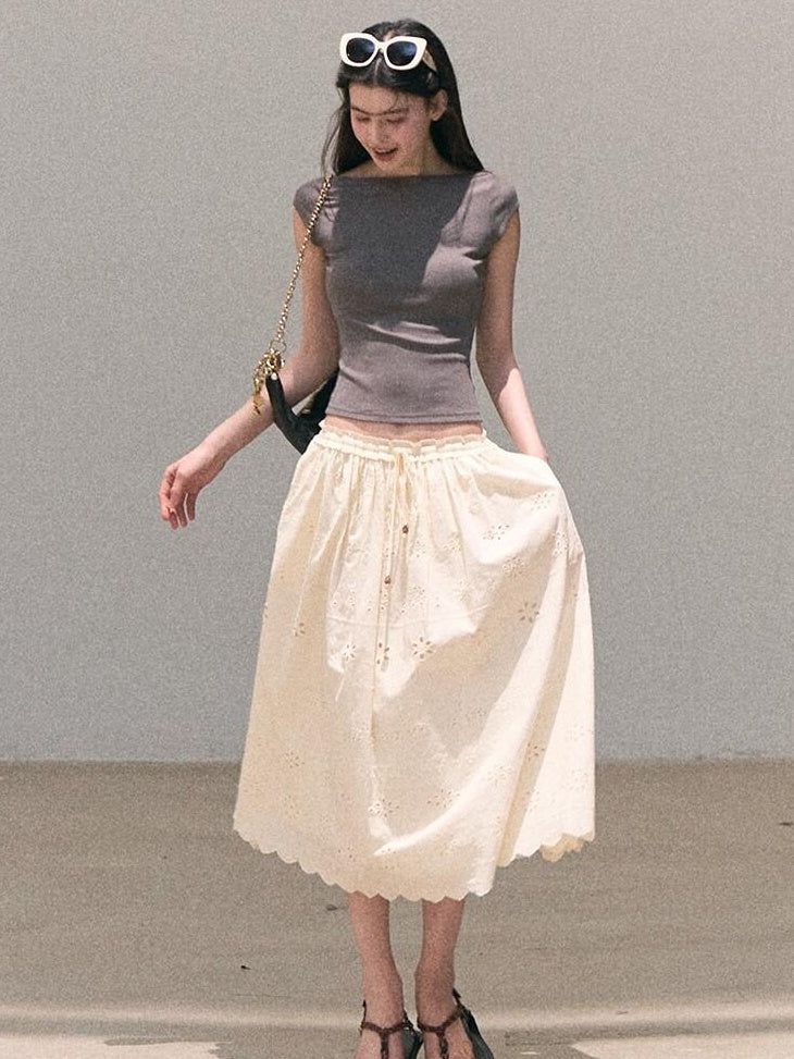 7 OAKMOO Cotton Lined Embroidered A Line Ruffle Elastic Mid Waist Women Maxi Skirts