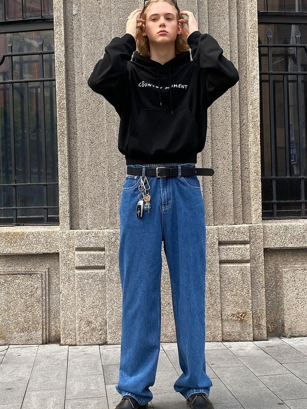 Country Moment Mid Rise Pure Cotton American Loose Straight Dark Blue Teen Straight Leg Jeans