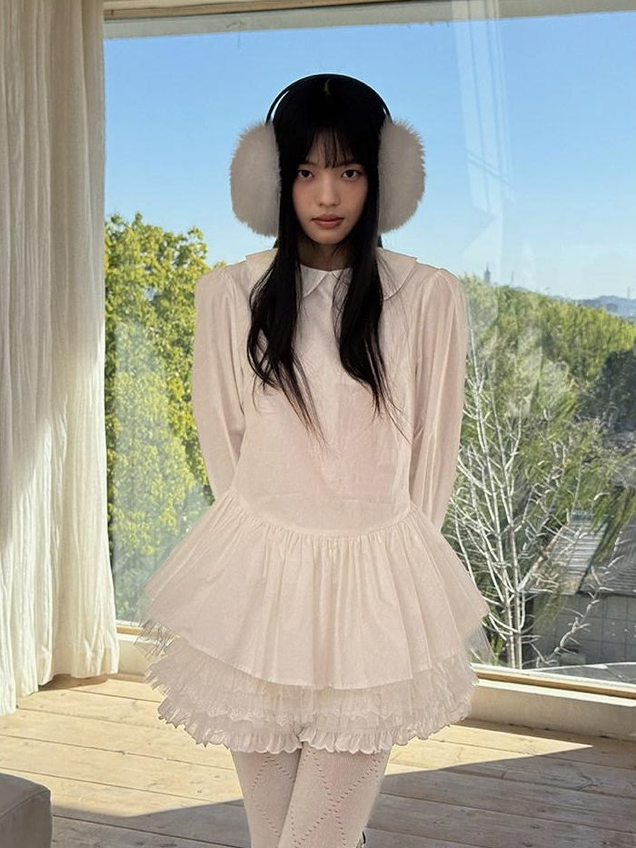 DDGIRL studio Breathable Patchwork Doll Collar Cotton Blend Cropped Long Sleeve White Blouses