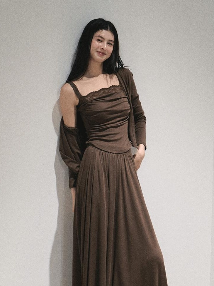 7 OAKMOO Tencel 3 Piece Casual Long Sleeve Women Amber Brown Top & Skirt Sets
