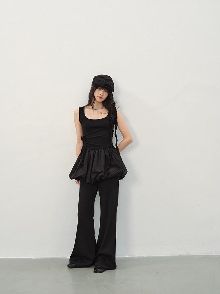DDGIRL studio Slim Mid Rise Washed Black Micro Flare Zipper Casual Women Straight Pants