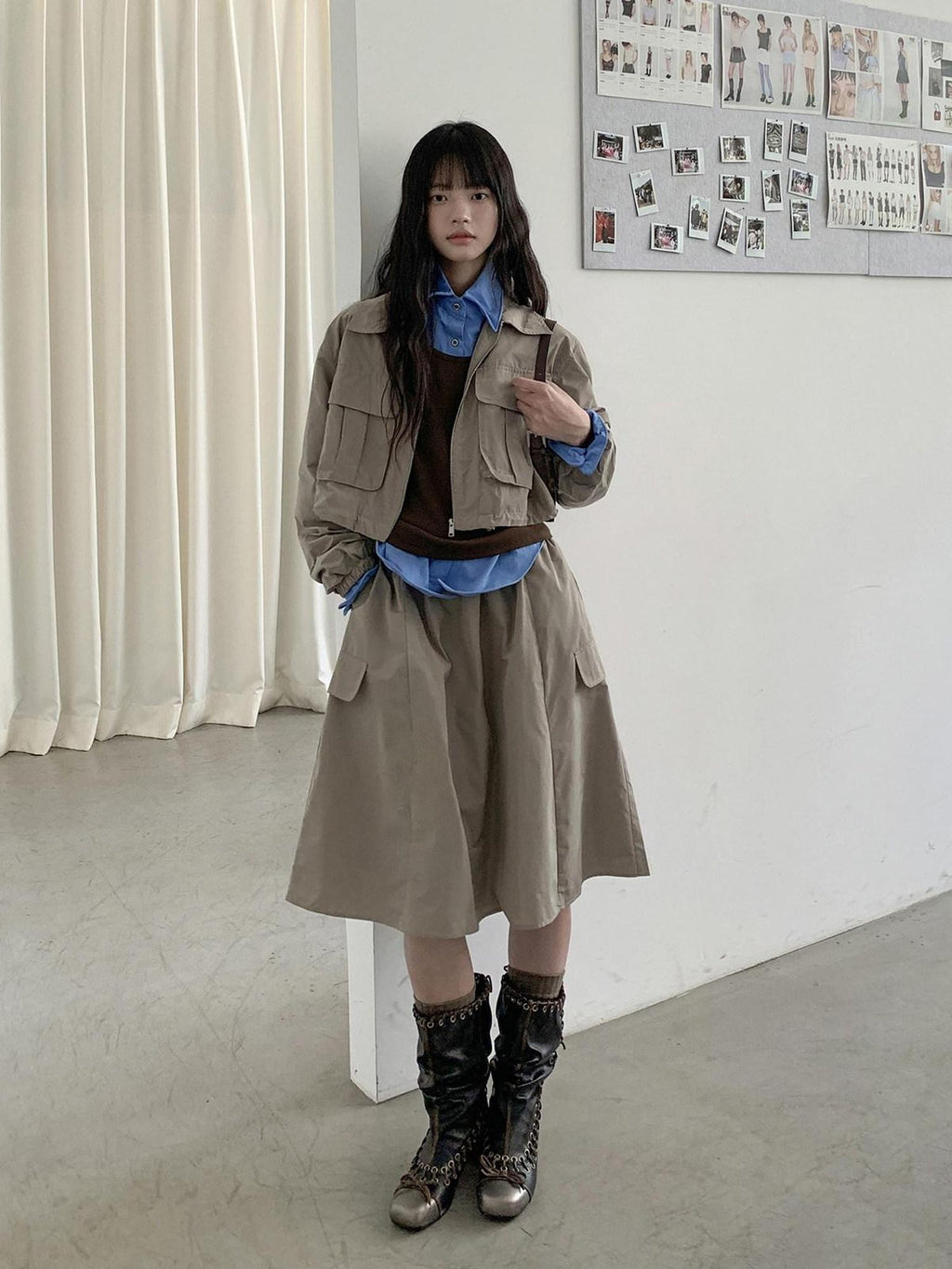 DDGIRL studio Zip Front Long Sleeve Lapel Collar Commuter Women Polyester Top & Shorts Sets