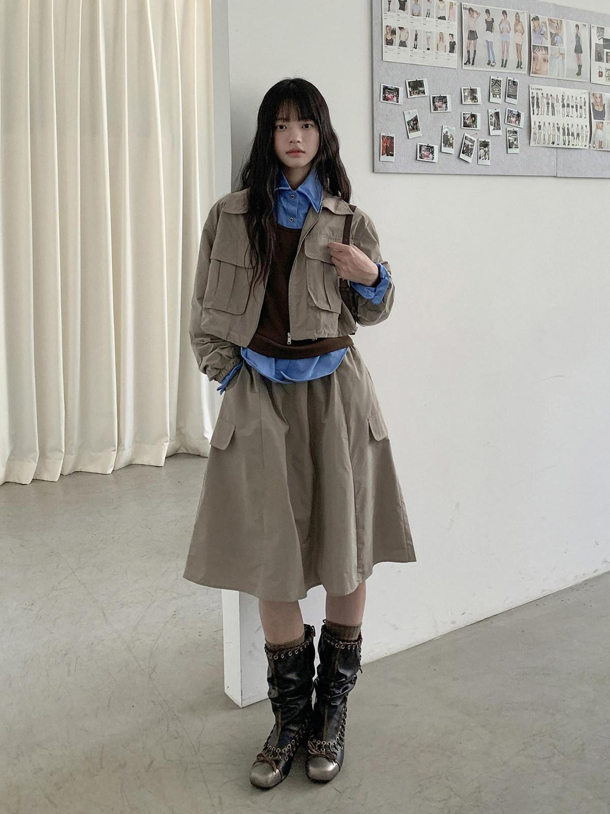 DDGIRL studio Zip Front Long Sleeve Lapel Collar Commuter Women Polyester Top & Shorts Sets