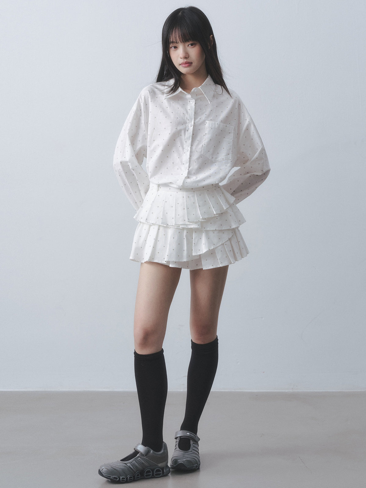 DDGIRL_studio_Quick_Dry_Pleated_Polka_Dot_High_Waist_Button_Shirt_Women_Top_&_Skirt_Sets_MISSTT