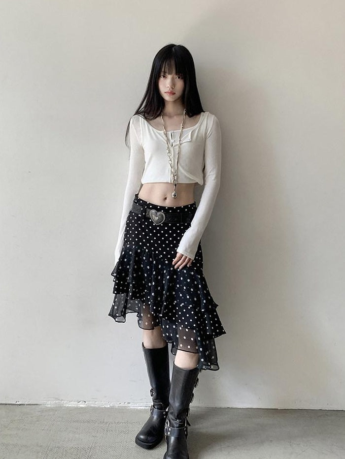 DDGIRL studio Shape Retaining Ruffle Hem High Waist Office Young Women Black Lined Midi Skirts