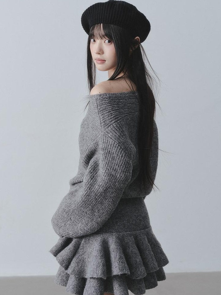 DDGIRL studio Cozy Knit Warm Girly Ruffle Bardot Neckline High Waist Grey Top & Skirt Sets