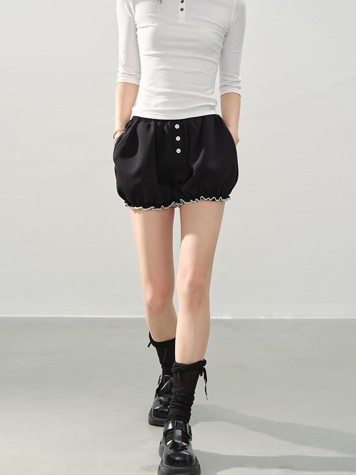 DDGIRL studio High Waist Black Casual Lantern Silhouette Teen Stretch Polyester Modal Shorts
