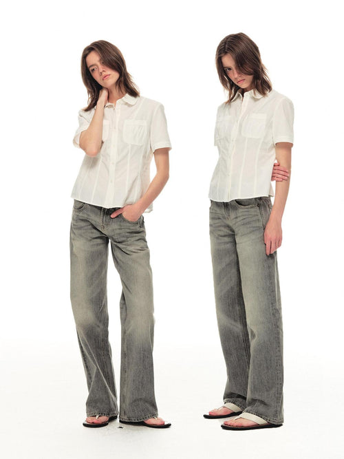 Country Moment 100 Percent Cotton Breathable Mid Rise Distressed Gray Women Straight Leg Jeans