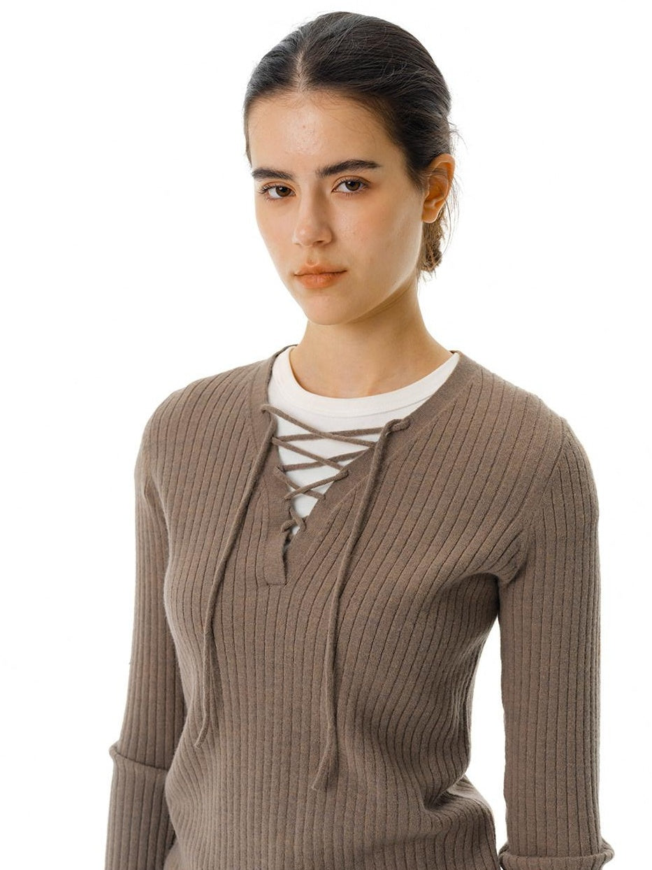 Country Moment Soft Tie V-neck Slim Knit Casual Breathable Daily Wear Women Acrylic Sweaters