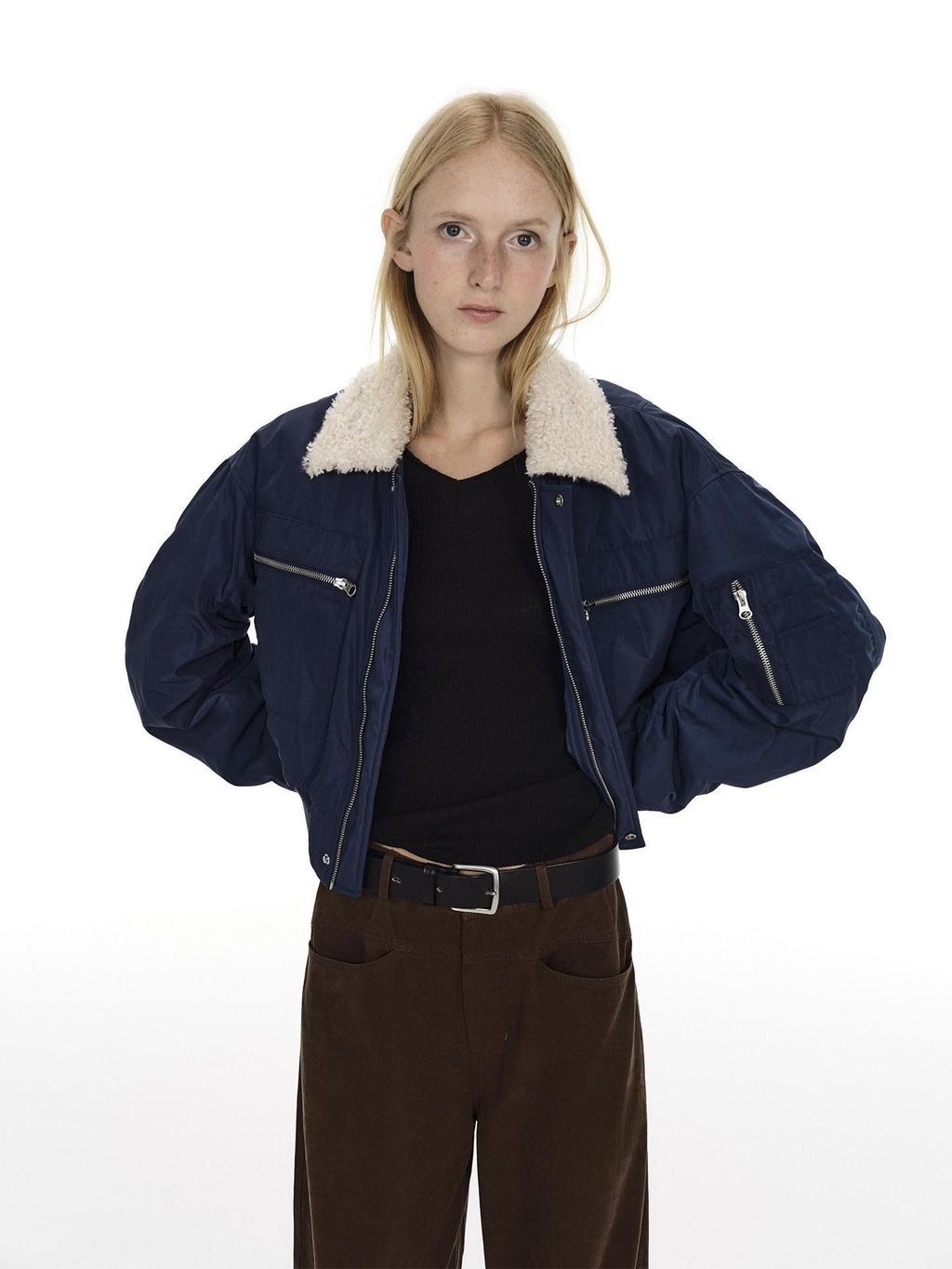 Country Moment Waterproof Cotton Padded Zipper Drop Shoulder Women Navy Cropped Jackets