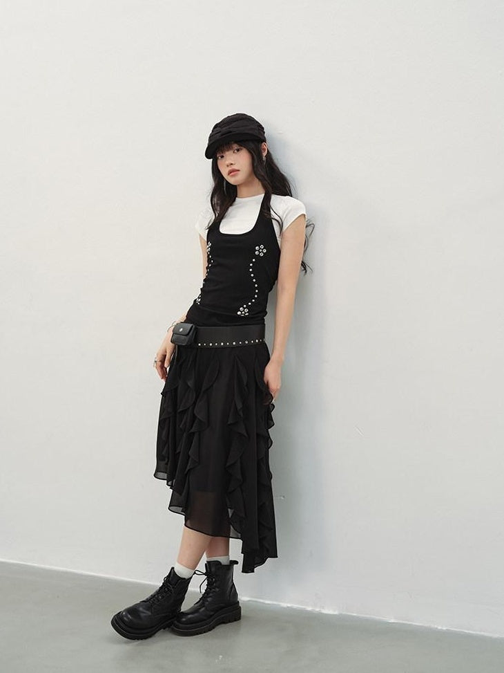 DDGIRL studio Breathable Cotton Vintage Studded Slim Fit Women Black Short Sleeve T-Shirts