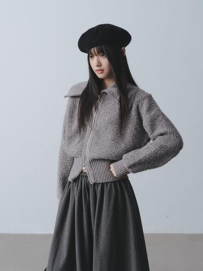 DDGIRL studio Cozy Warm Simple Daydream Waist Cinch Zip Cardigan Acrylic Blend Cream Sweaters