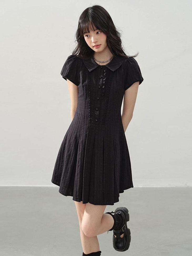 DDGIRL studio Sweet Cotton A Line Puff Sleeve Doll Collar Fitted Waist Midi Dresses