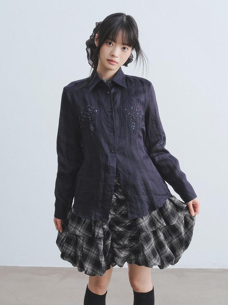 DDGIRL studio Breathable Shape Retaining Ramie Beaded Embroidered Fitted Commuter Women Shirts