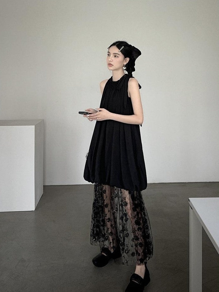 DDGIRL studio Faux Two Piece Layered Workwear Women Cotton Blend Black White Midi Skirts