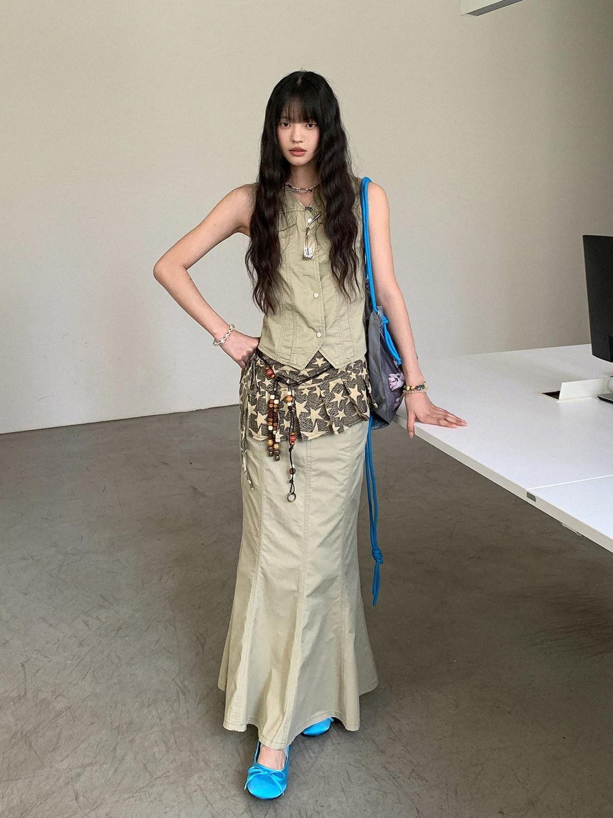 DDGIRL studio High Waist Cotton Fishtail Slim Casual Khaki Women Outdoor Maxi Skirts